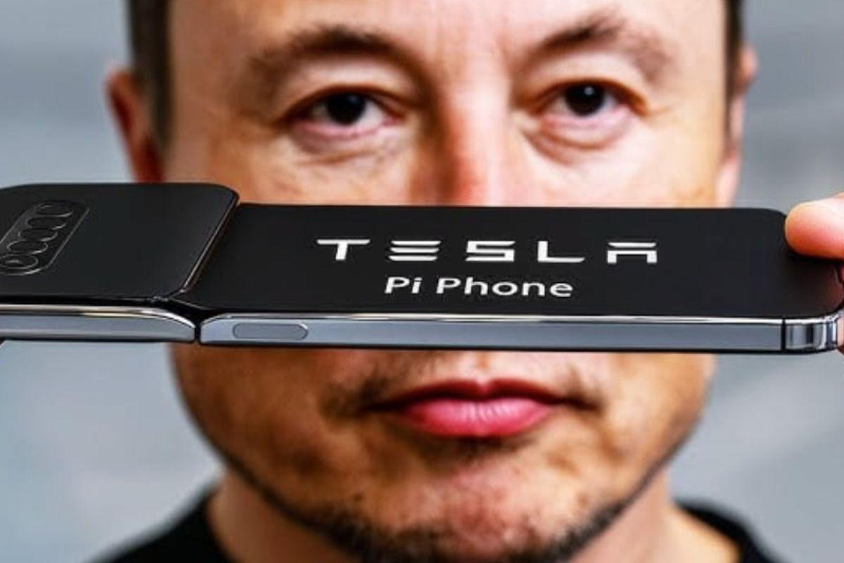 Pubblicità Musk con il telefono Tesla in mano