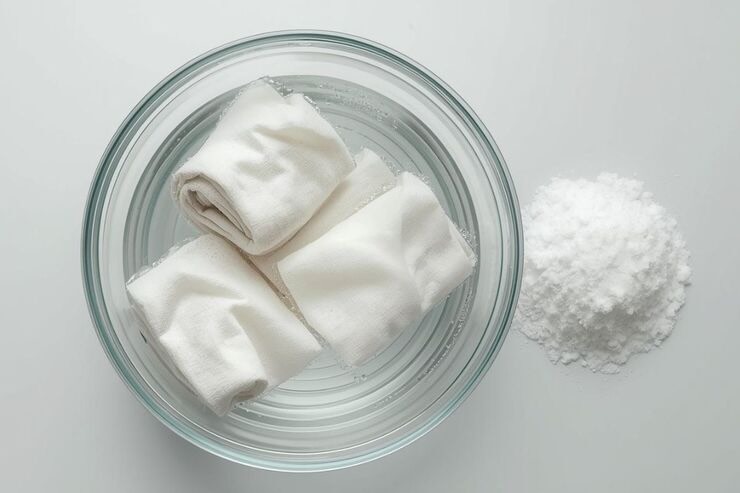 Ciotola con acqua, pezzi di stoffa, bicarbonato