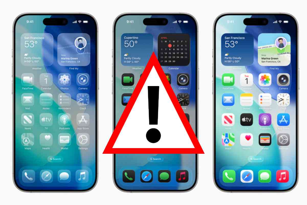 schermate di ios 26 con triangolo di pericolo