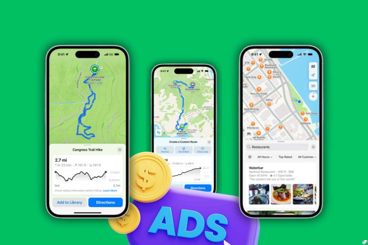 due iphone in primo piano, un iphone in secondo piano, tutti e tre con app Apple Maps aperta, scritta "ADS" con monete dorate