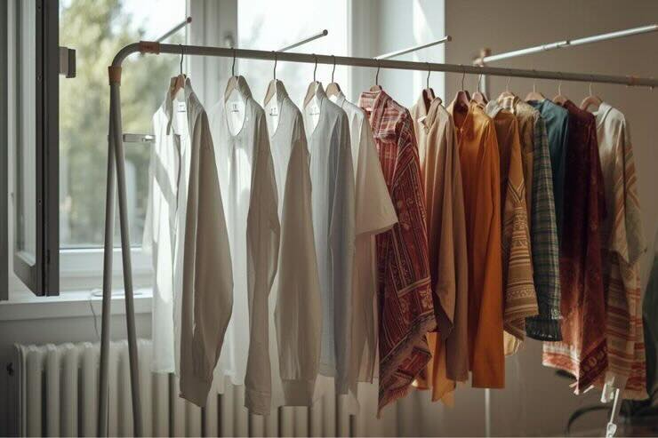 Bucato steso davanti a finestra aperta