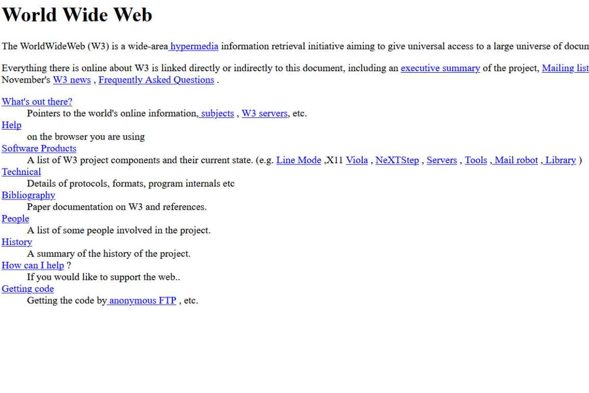Screenshot del primo sito web