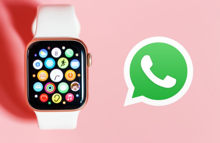 apple watch su sfondo rosa con accanto icona whatsapp