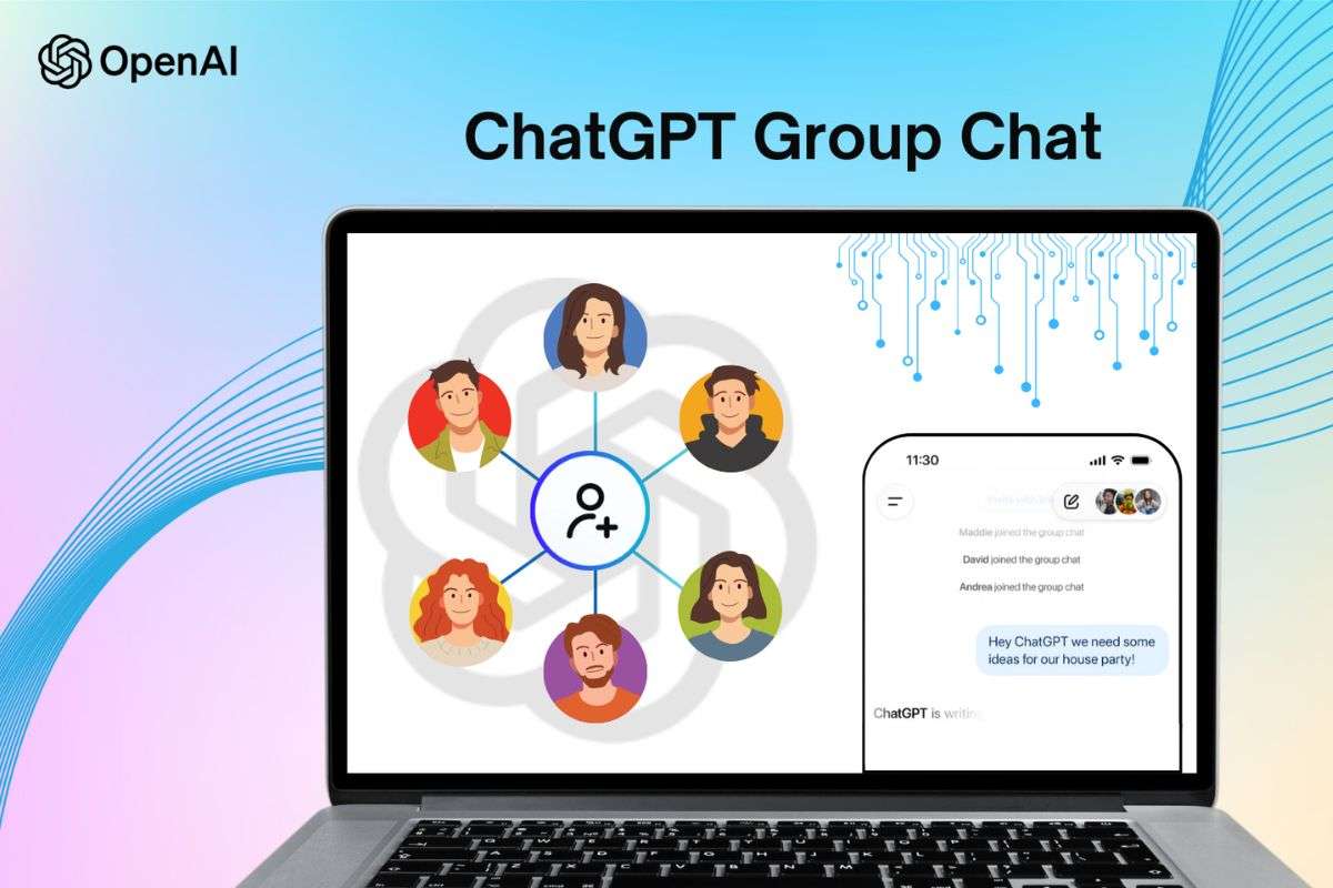 chat di gruppo, avatar persona su schermo PC, scritta openAI