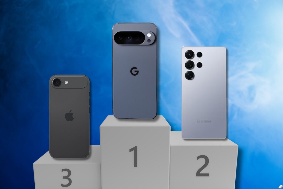 podio con scritte 1 2 3, a sinistra iphone 17, a destra samsung s25, al centro pixel 10