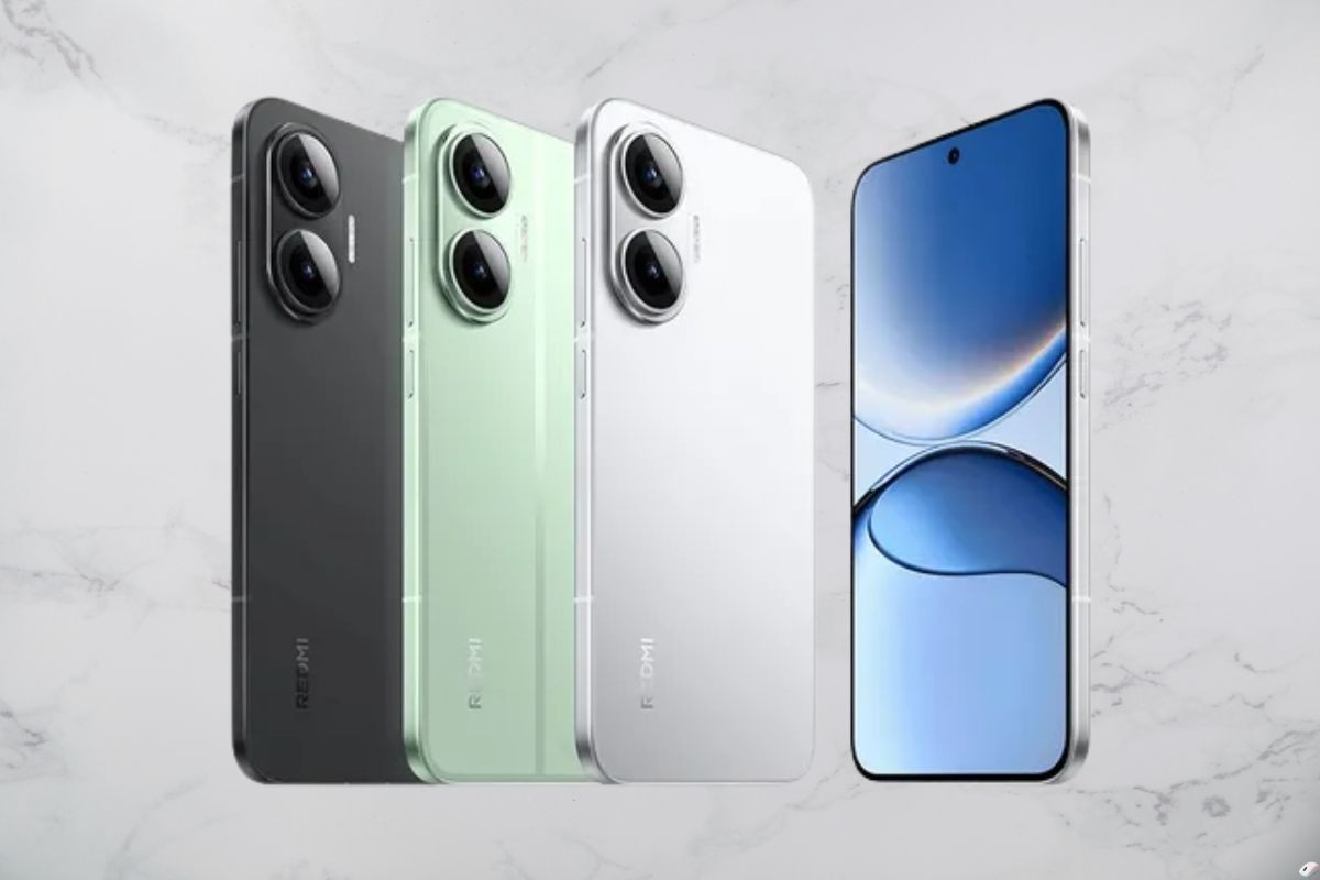 quattro smartphone redmi, uno nero, uno verede acqua, uno bianco, uno di fronte