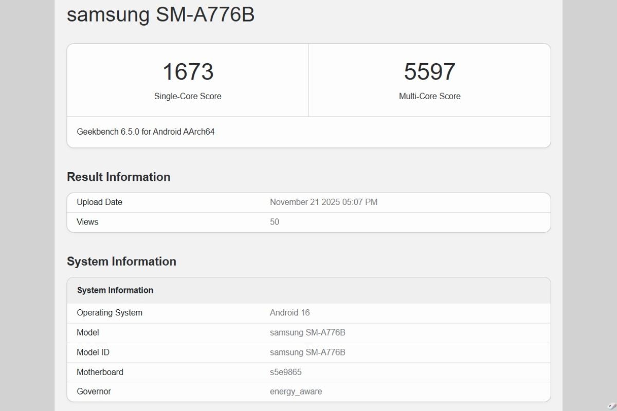 screen di geekbench con scritta samsung SM A77, statistiche