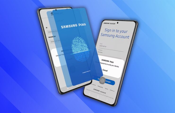 samsung Pass schermata app in 3D su sfondo blu