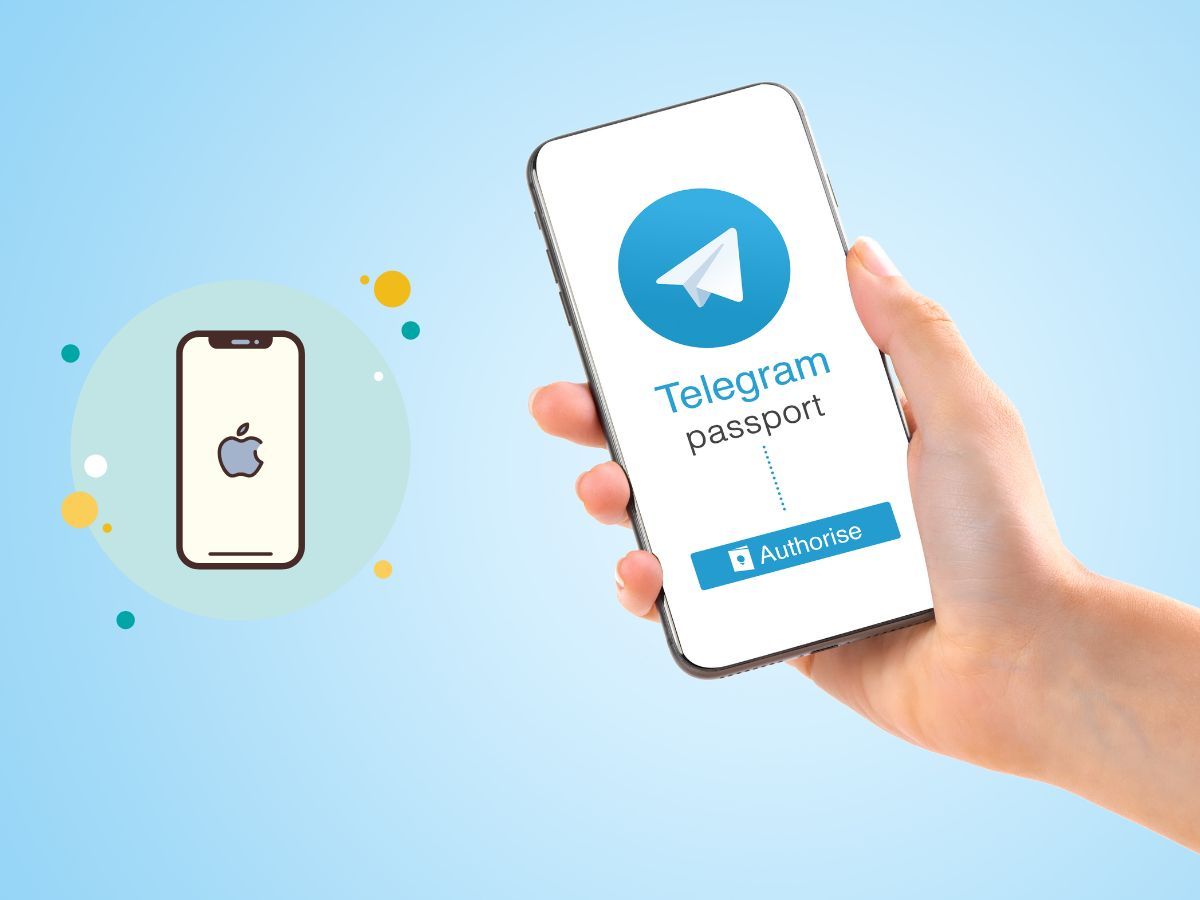 mano con smartphone e app telegram con accanto icona iphone apple