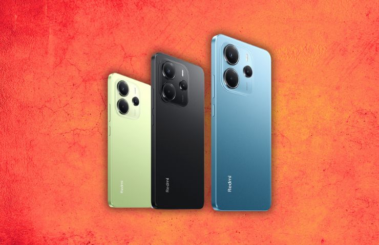 xiaomi redmi note 14 in tre colorazioni diverse su sfondo arancione