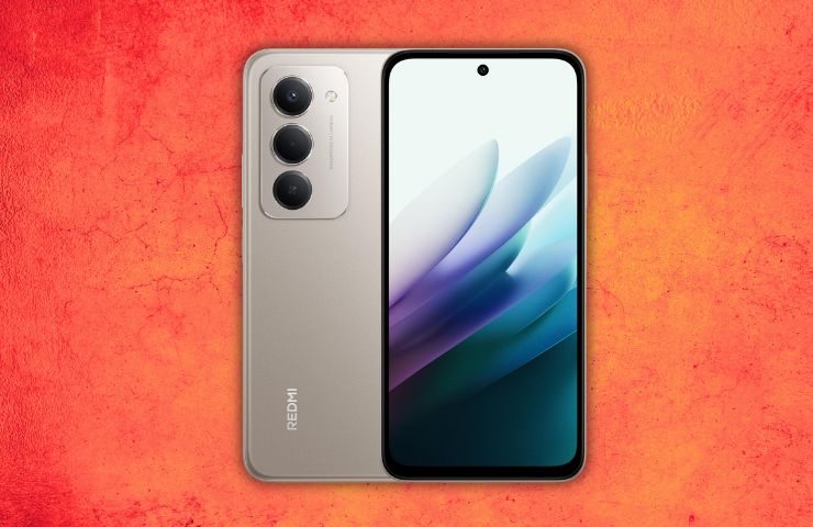 xiaomi redmi note 15 fronte retro su sfondo arancione