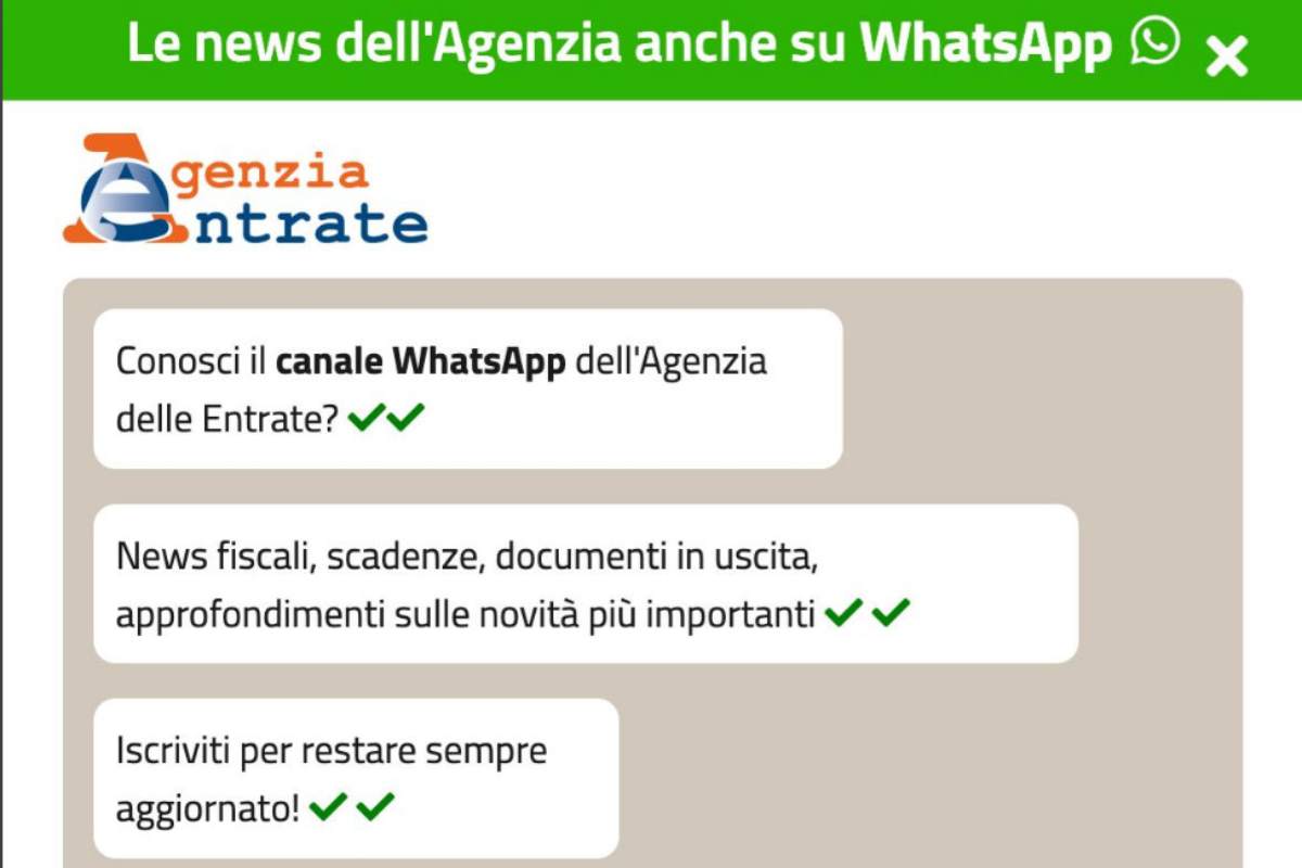 Screenshot del canale WhatsApp dell'Agenzia delle Entrate